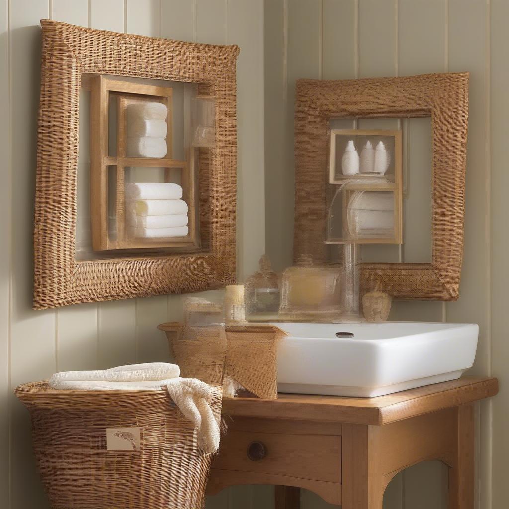 Wicker picture frames in a bathroom setting showcasing moisture protection techniques.