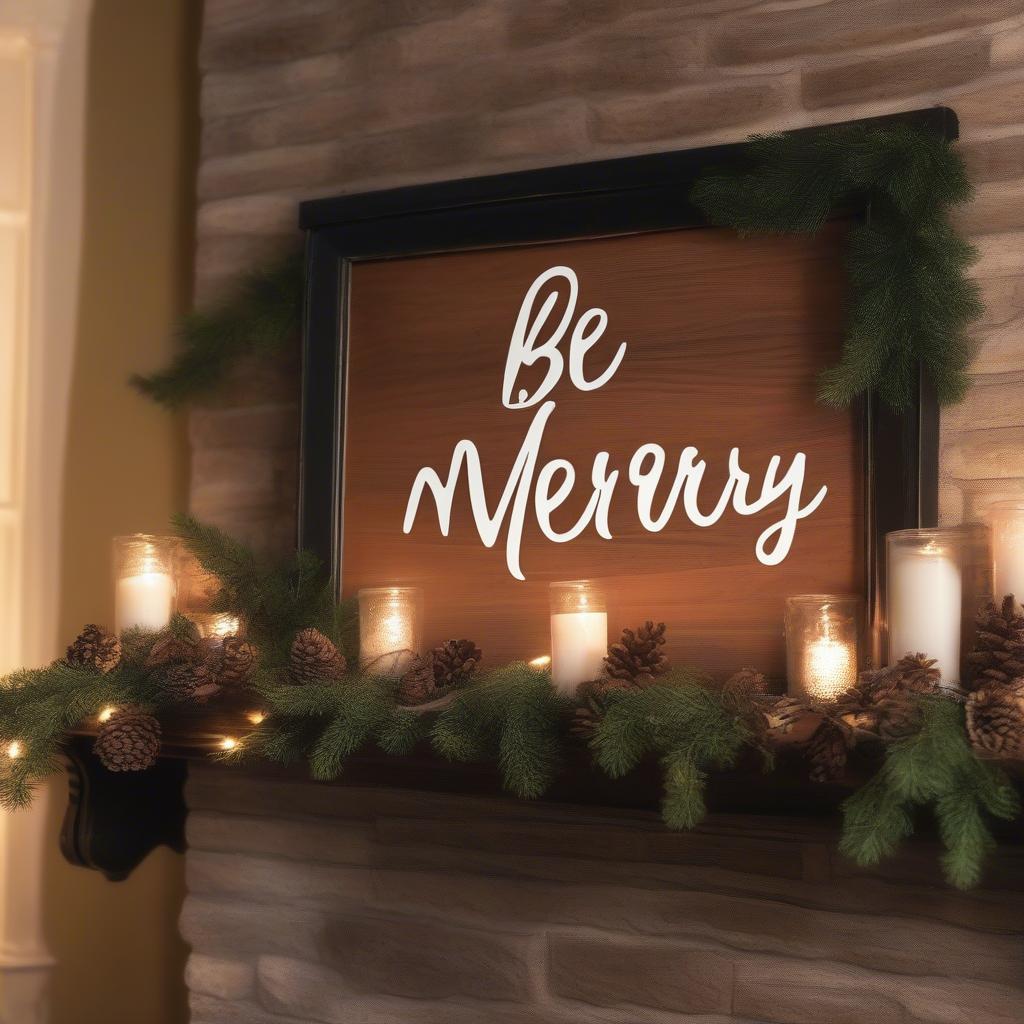 Rustic "Be Merry" Sign Hanging on a Fireplace Mantel