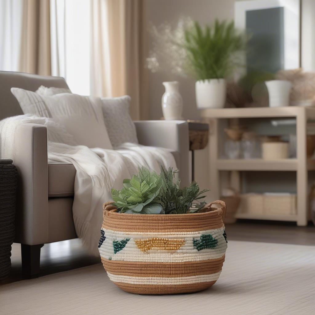 A beaded rim basket used as a decorative element in a living room setting, showcasing its versatility in interior design.