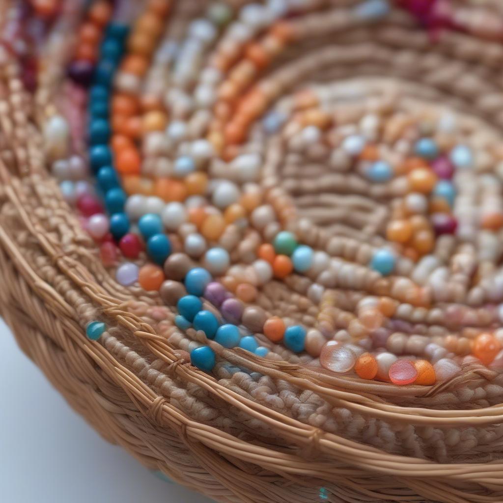 Close up of a wicker basket with a beaded rim, showcasing the intricate details of the beadwork and the natural texture of the wicker.