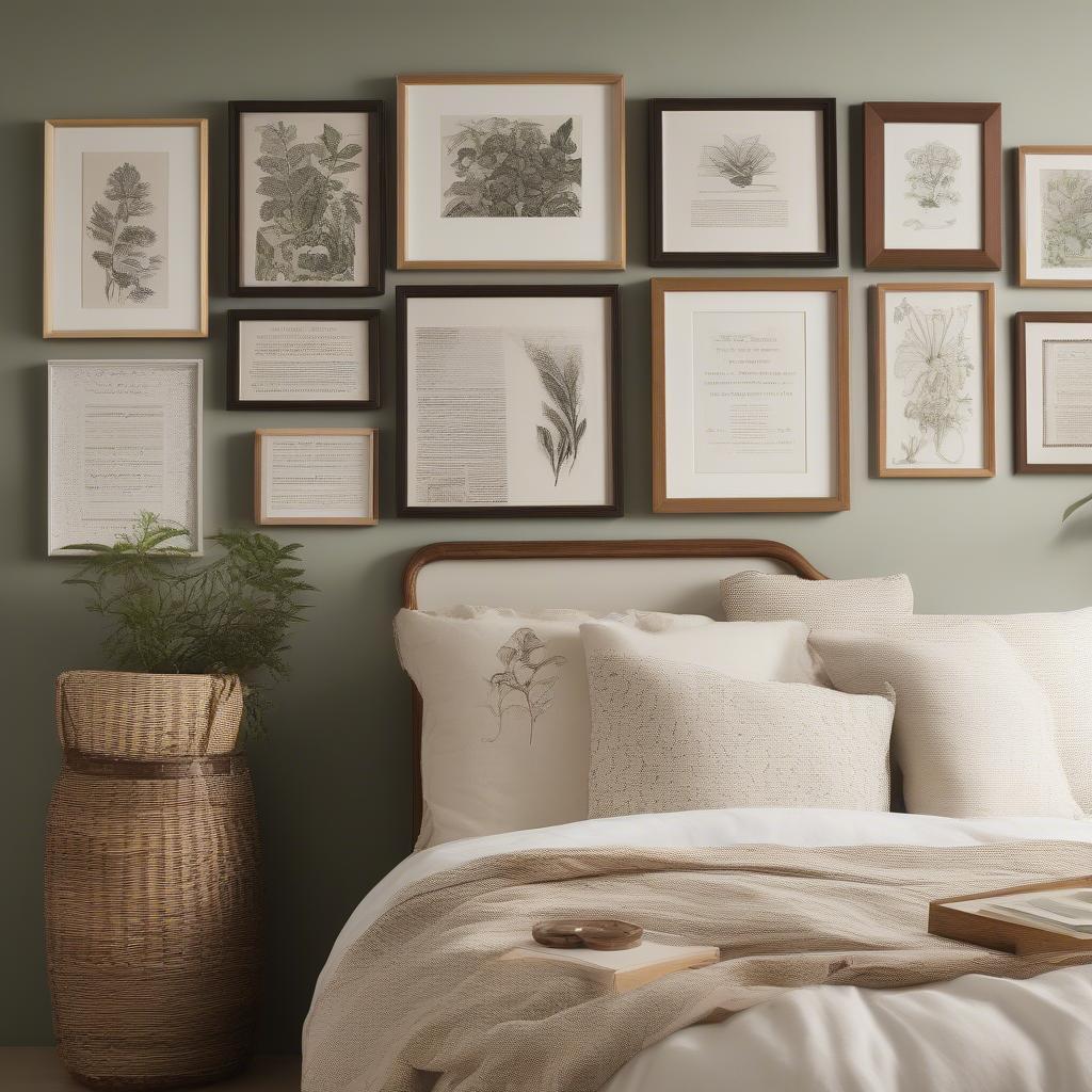 A gallery wall with feminine touches personalizes a bedroom space.