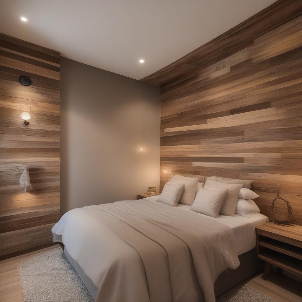 Reclaimed wood paneling creates a rustic and cozy atmosphere in a bedroom.