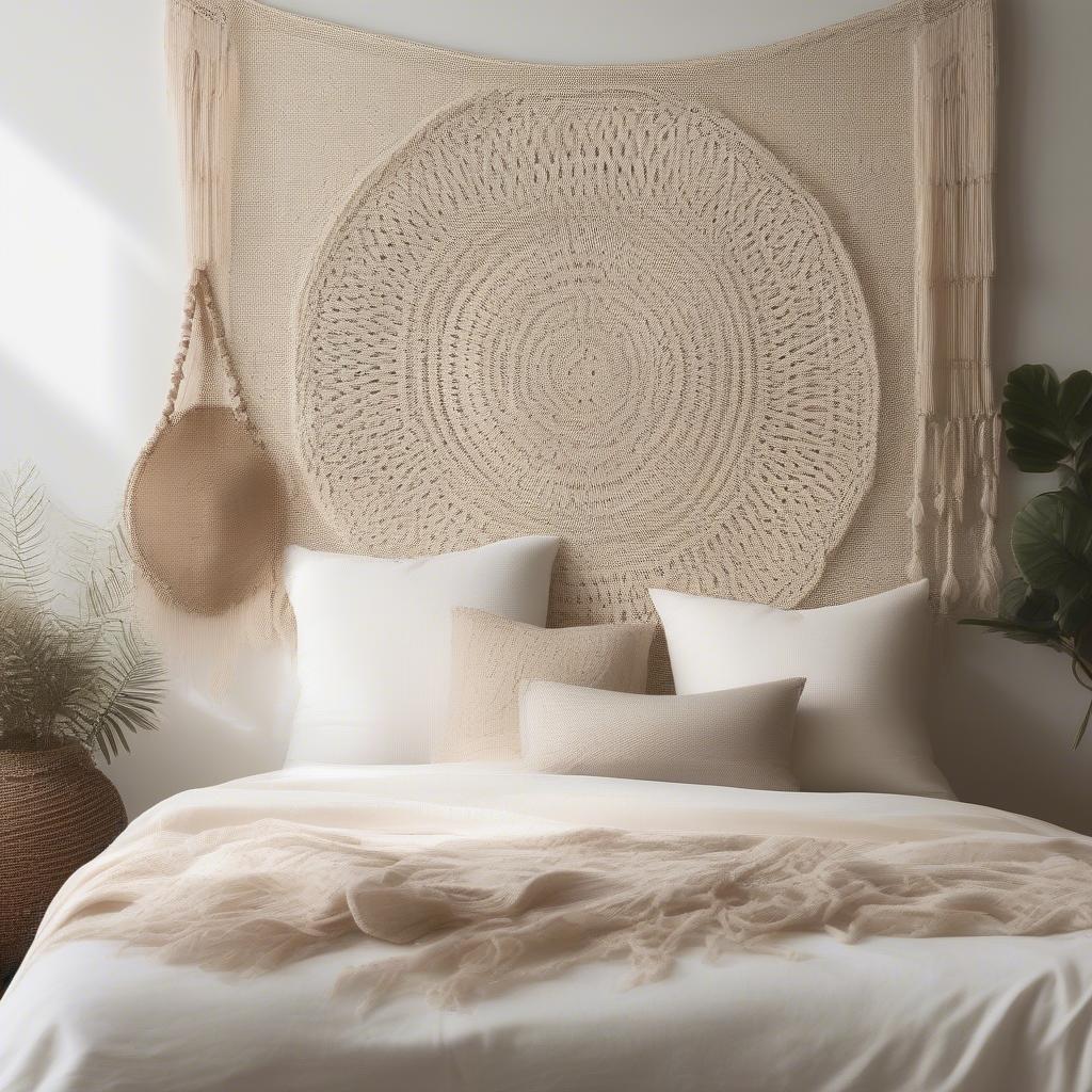 Woven wall hanging adds texture and warmth to a minimalist bedroom