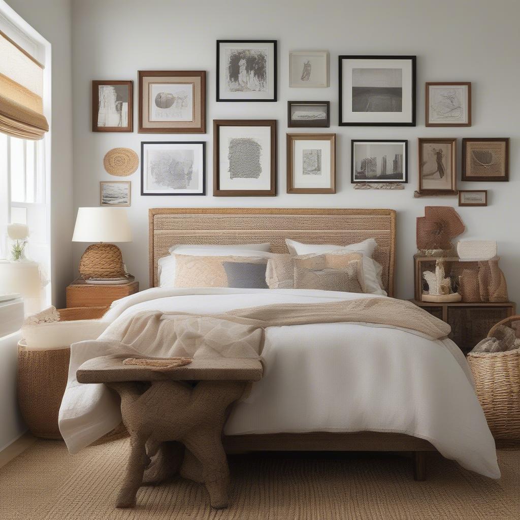 Bedroom Gallery Wall with Wicker Baskets