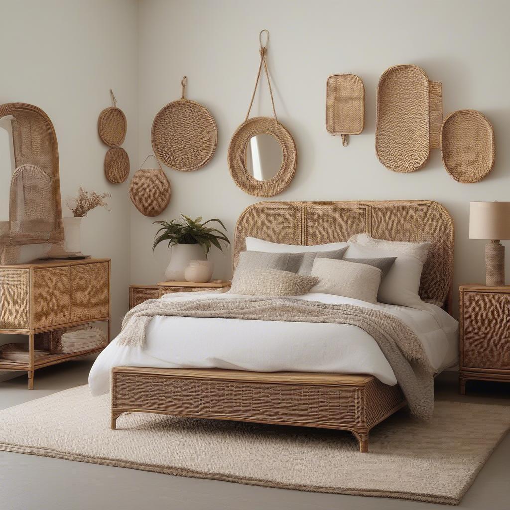 Different styles of wicker and rattan picture frames in a bedroom