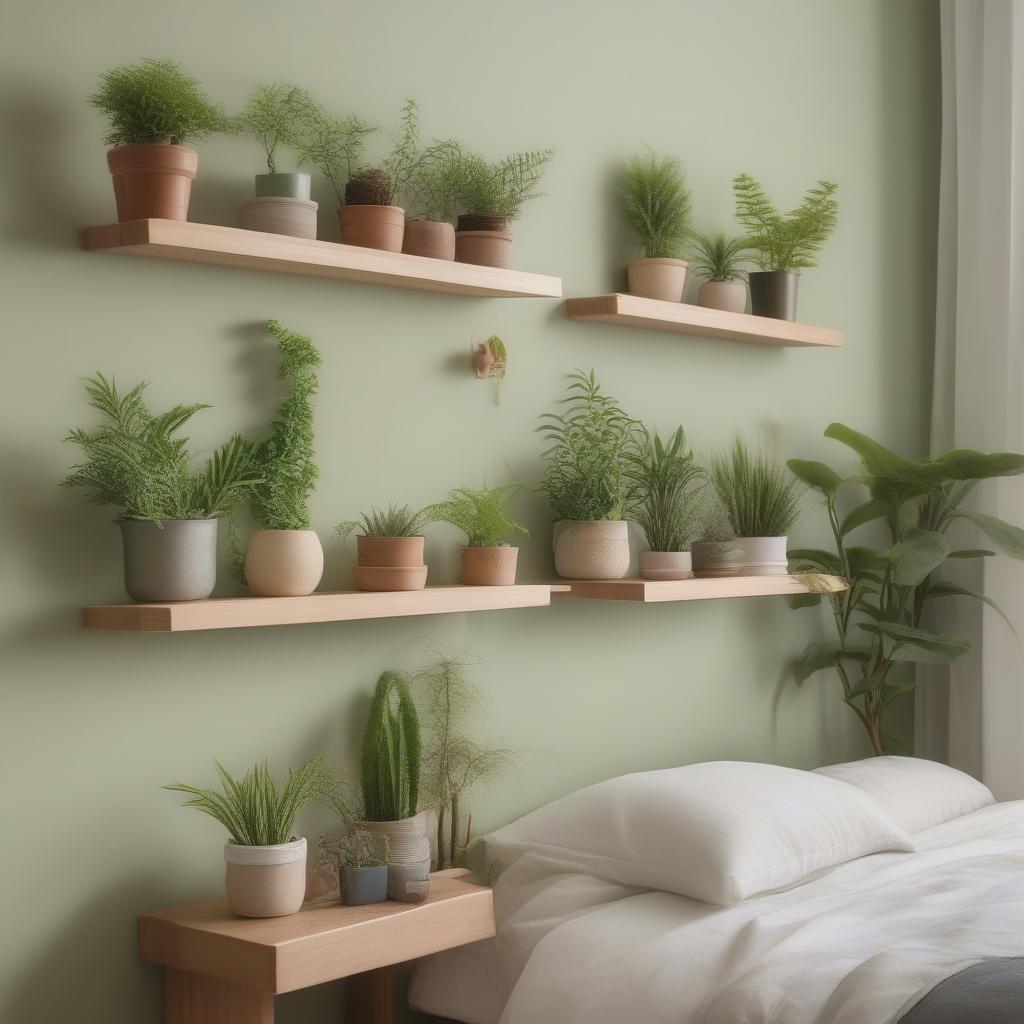 Wall shelves with plants add a touch of nature to a bedroom