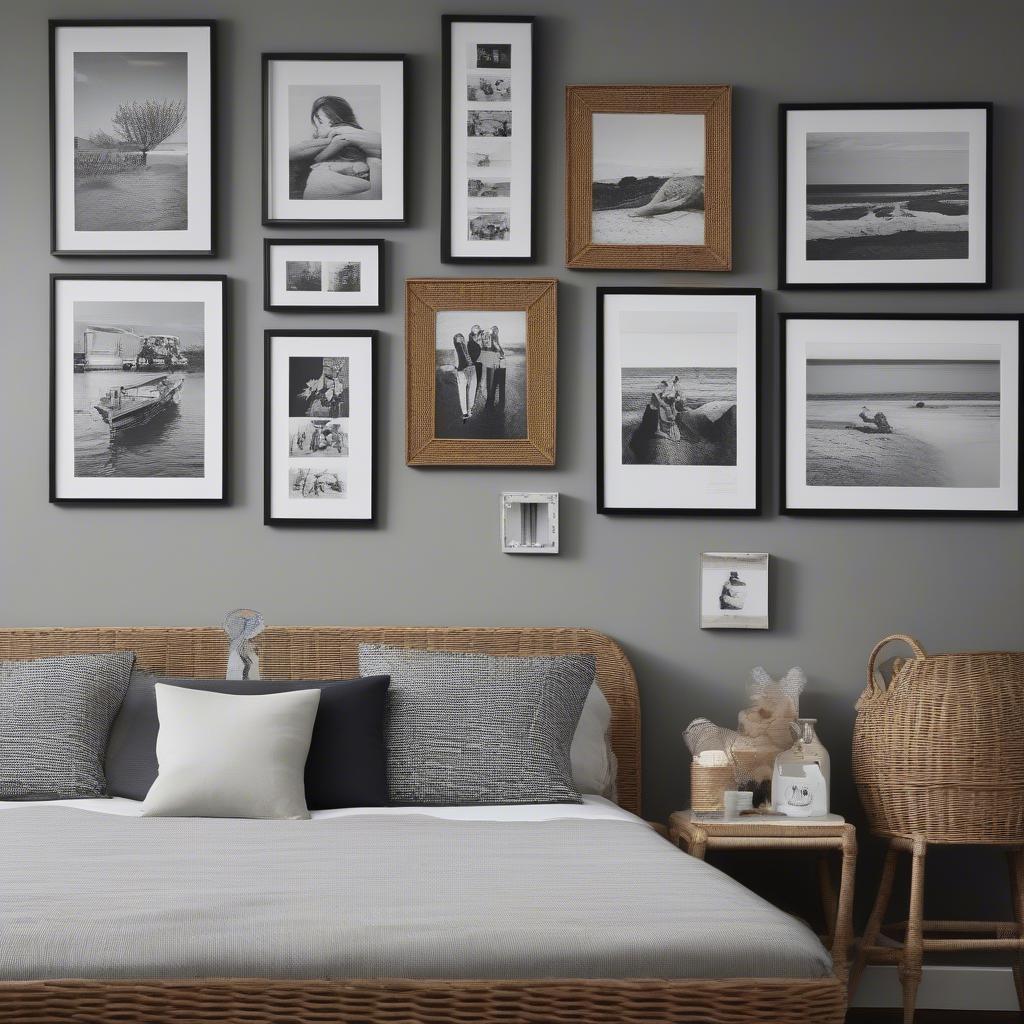 A bedroom wall decorated with a variety of wicker frames displaying family photos and artwork.