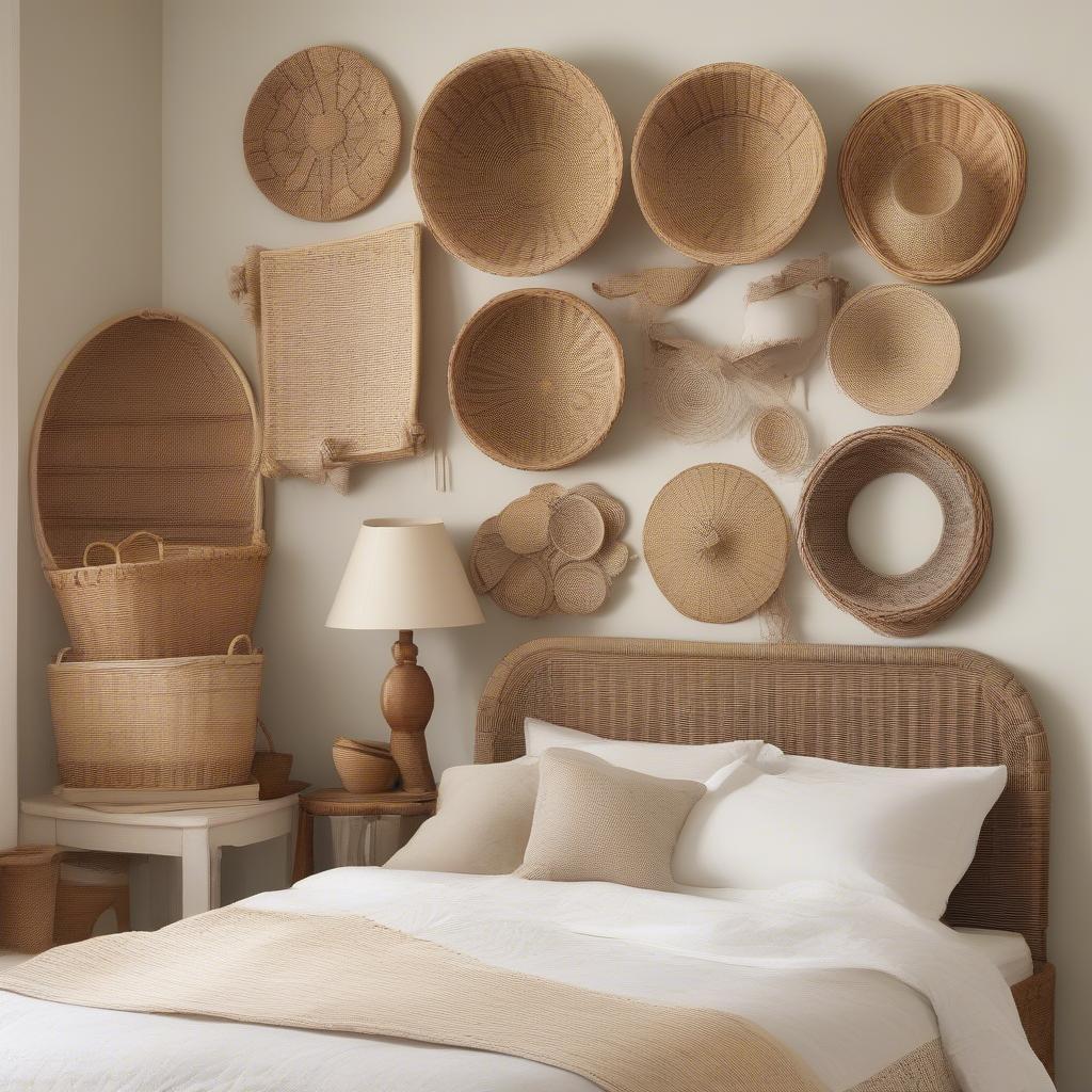 Decorative wicker baskets add a rustic touch to bedroom walls