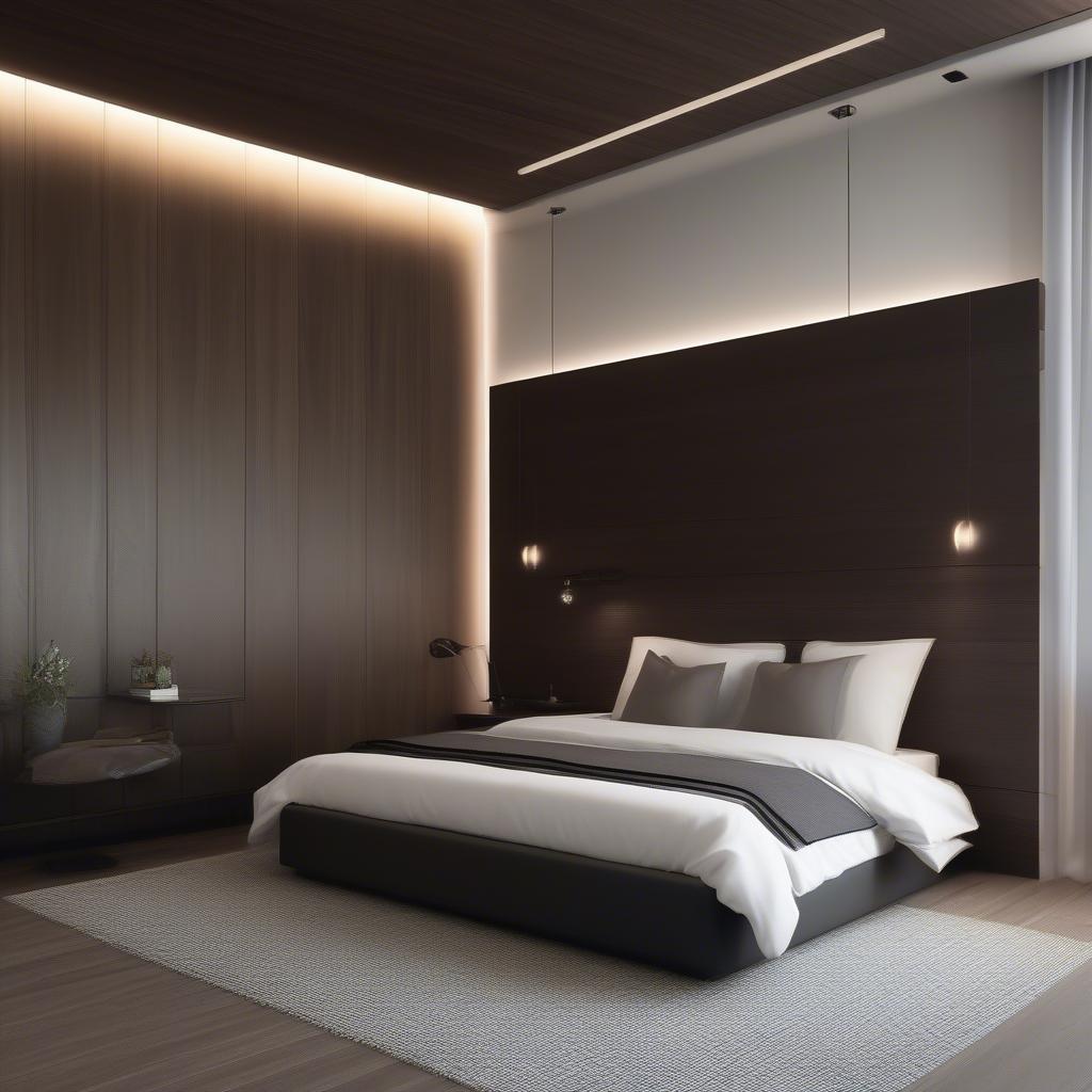 Modern bedroom with dark wood panel wall, minimalist furniture, and ambient lighting