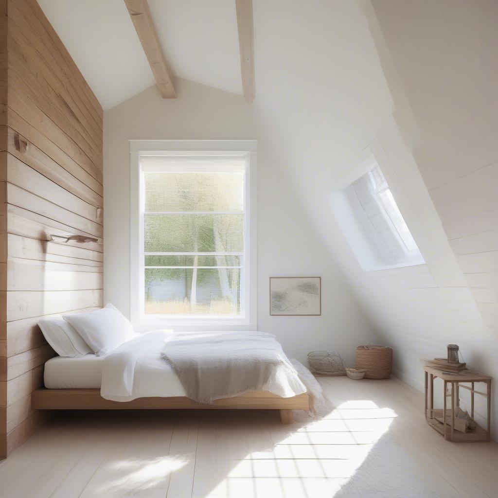 Bedroom with white shiplap wooden wall, minimalist decor, and large window