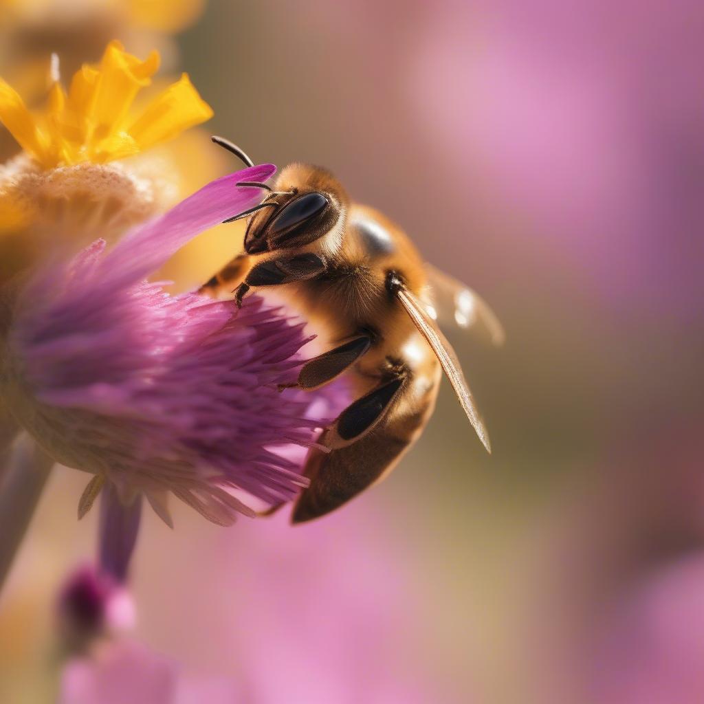 Bee diligently collecting pollen from a vibrant flower in a sunlit meadow.