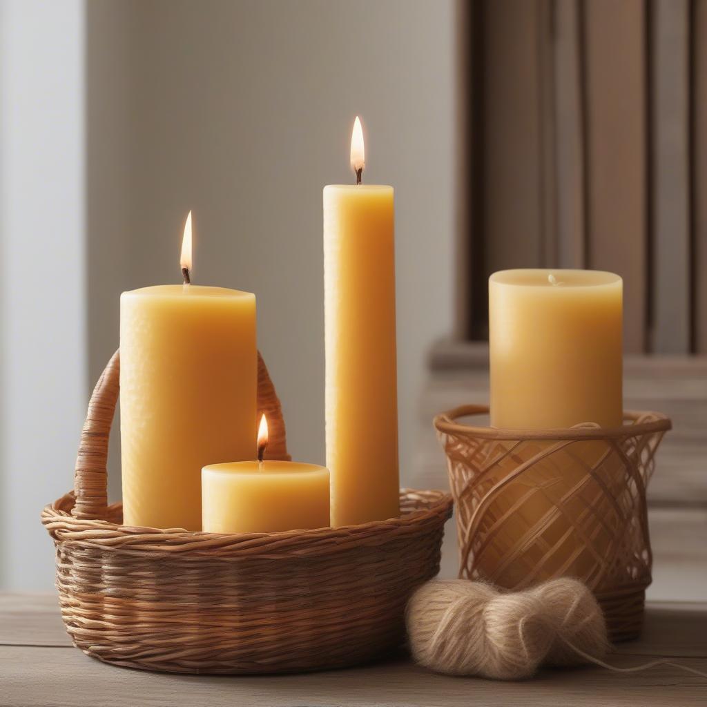 Beeswax candles in a wicker basket