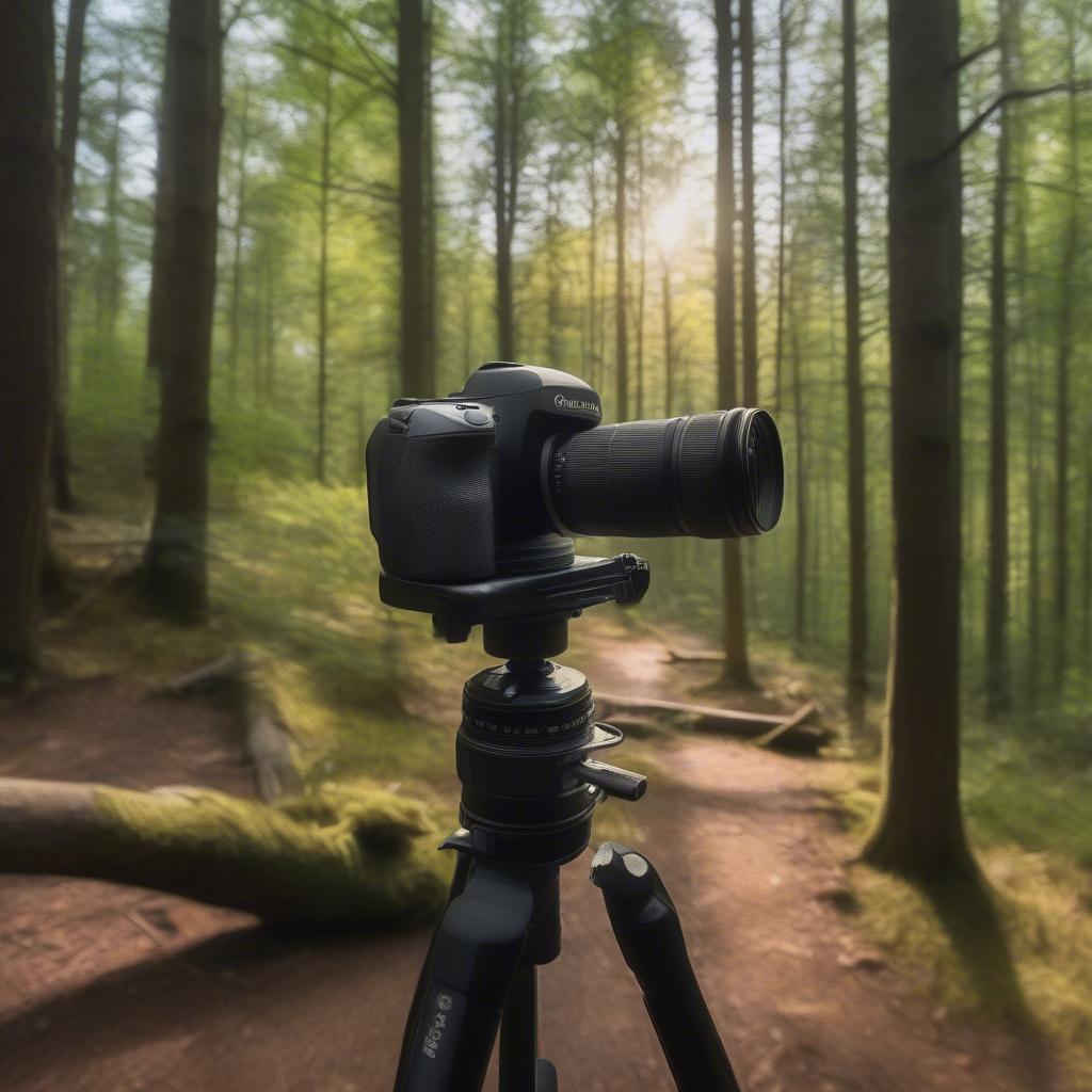 A beginner photographer's setup for capturing woods photos, including a camera, tripod, and lens.