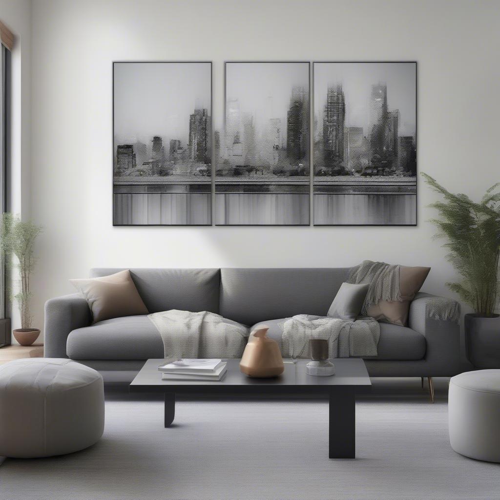 Large canvas prints hanging in a modern living room