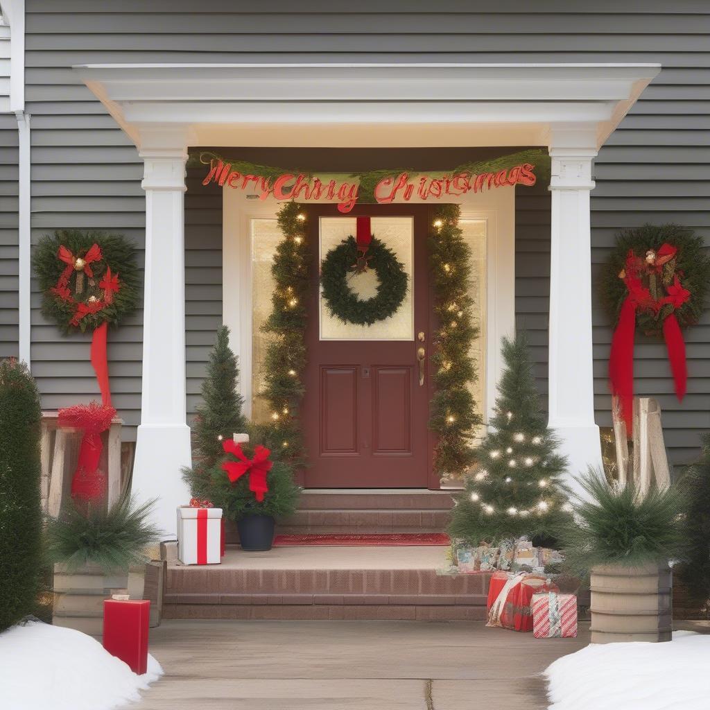 A large "Merry Christmas" sign displayed on a front porch, adorned with wreaths and garland.