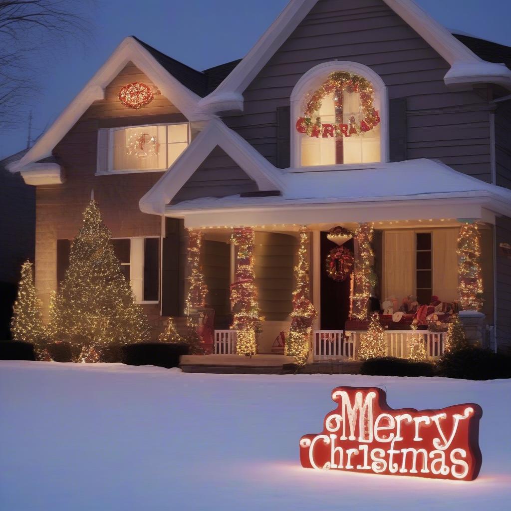 A large, illuminated "Merry Christmas" sign displayed outdoors on a lawn, surrounded by festive decorations.