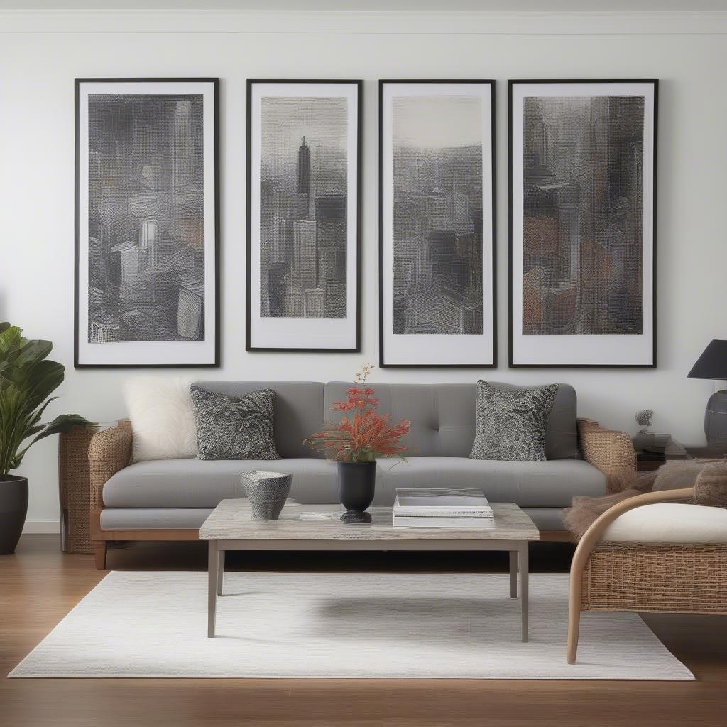 Large wall frames in a living room setting, showcasing various art pieces and photographs.