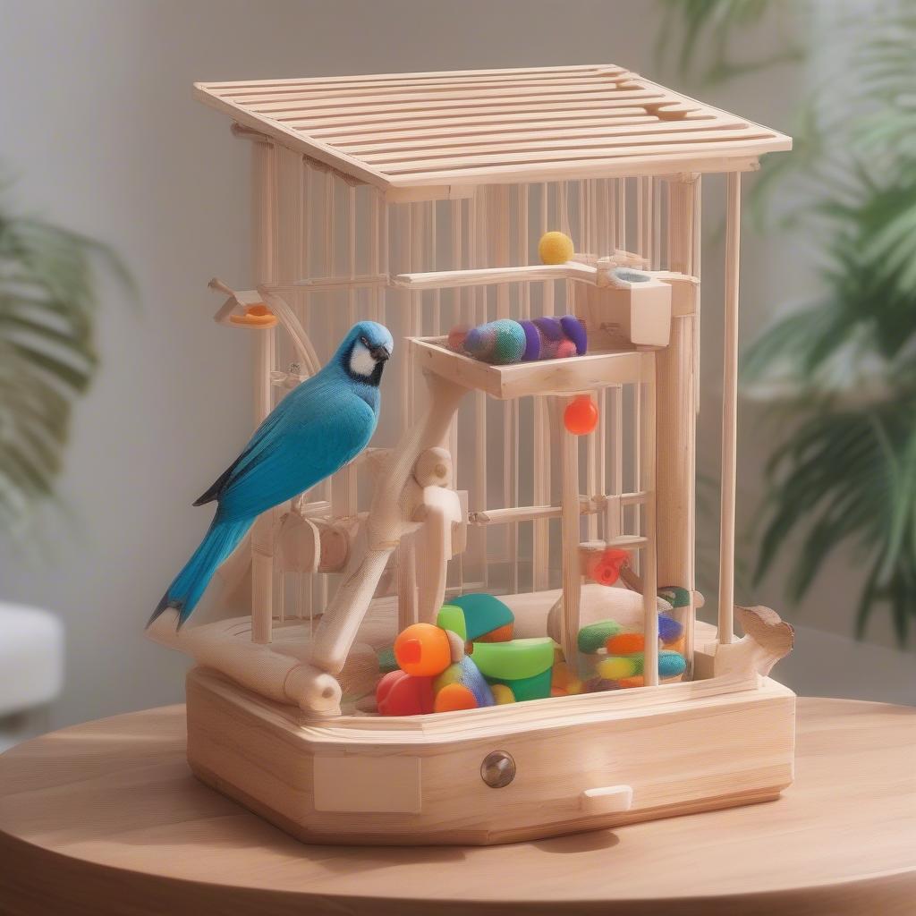 Bird cage with natural wood perches and toys for stimulation.