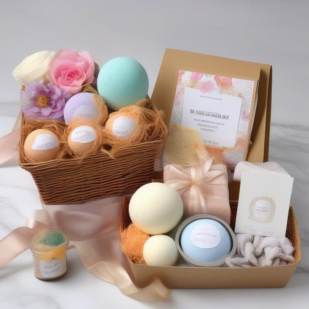 A gift basket filled with birthday bath bombs and other spa items.