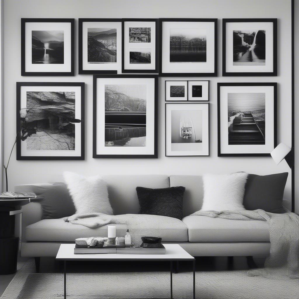 Black and white photo gallery wall creates a sophisticated atmosphere