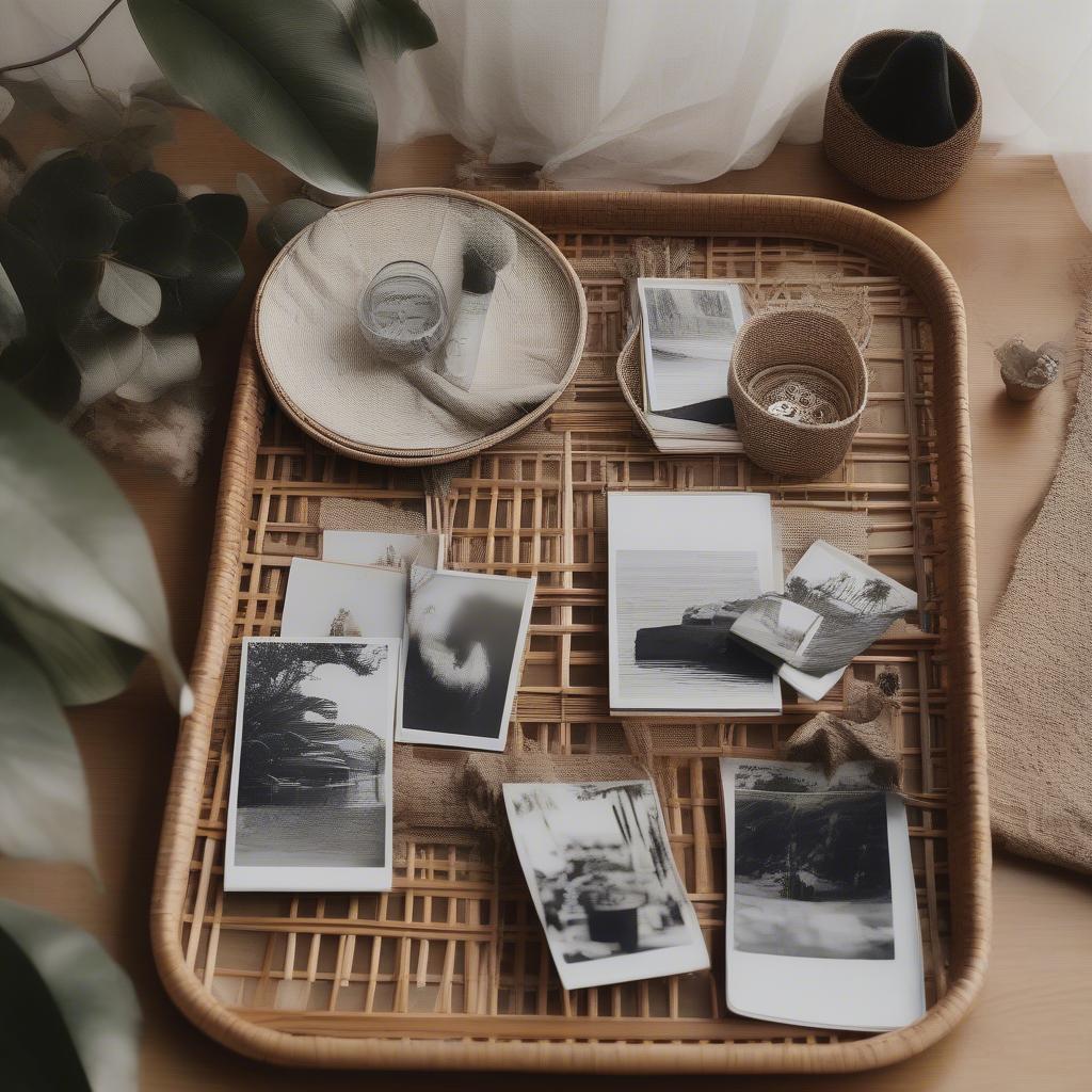 Black and White Tiny Photo Prints Displayed on a Rattan Tray