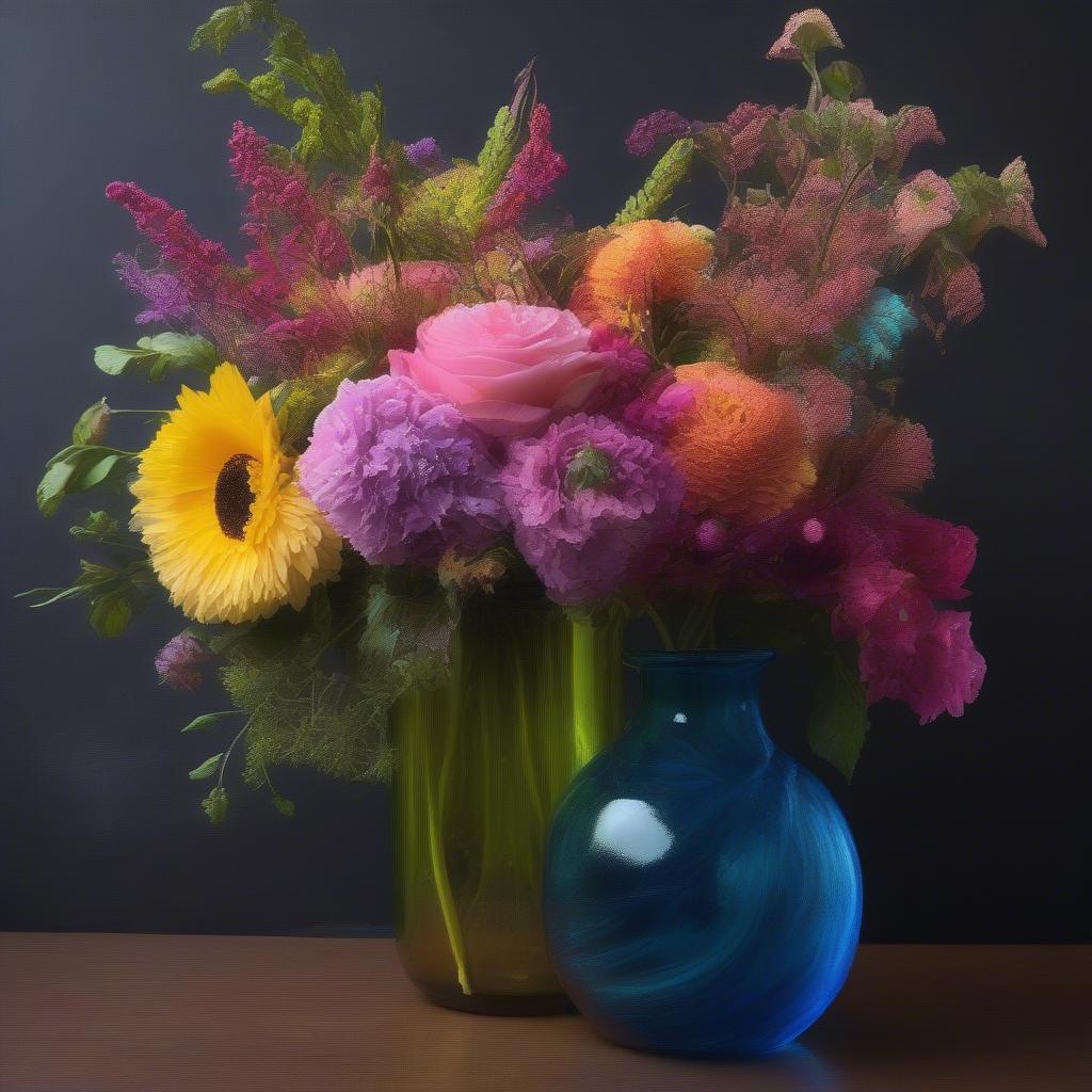 Black and Blue Glass Vase with Floral Arrangement