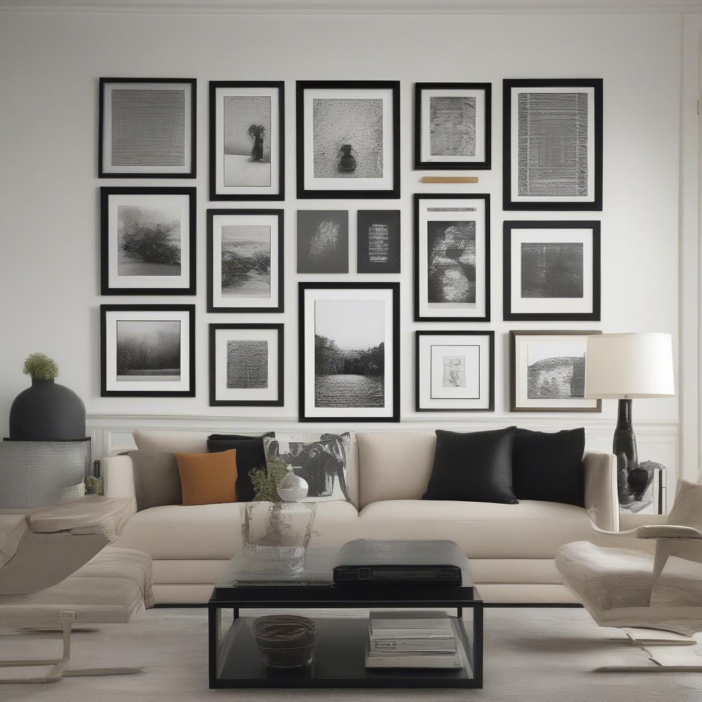 Black poster frames 24x36 arranged in a gallery wall.