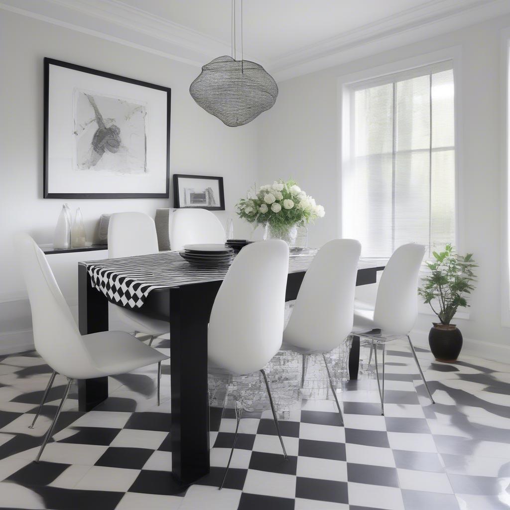 Black and white checkered table runner in a modern dining room