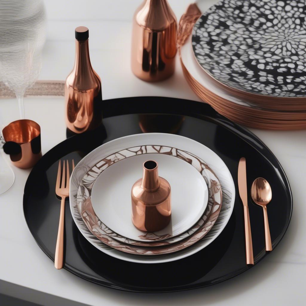 Black and White Floral Plates with Copper Bottle