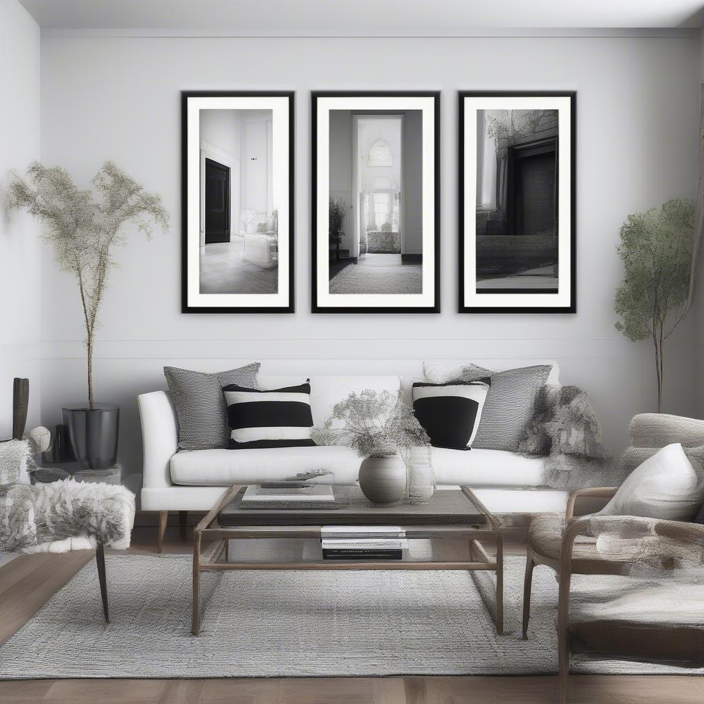 Examples of black and white prints in different interior design settings