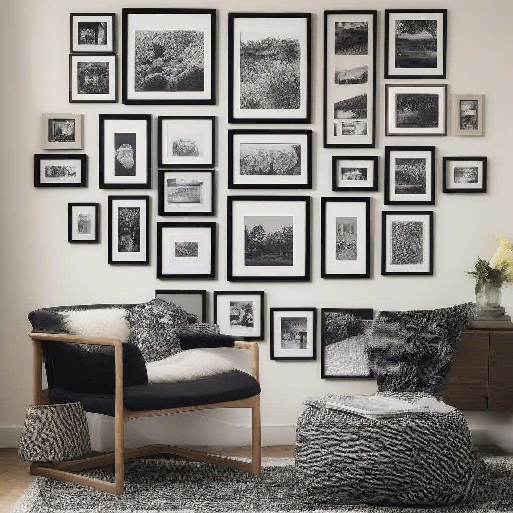 Black wood frames create a stunning gallery wall showcasing diverse artwork.