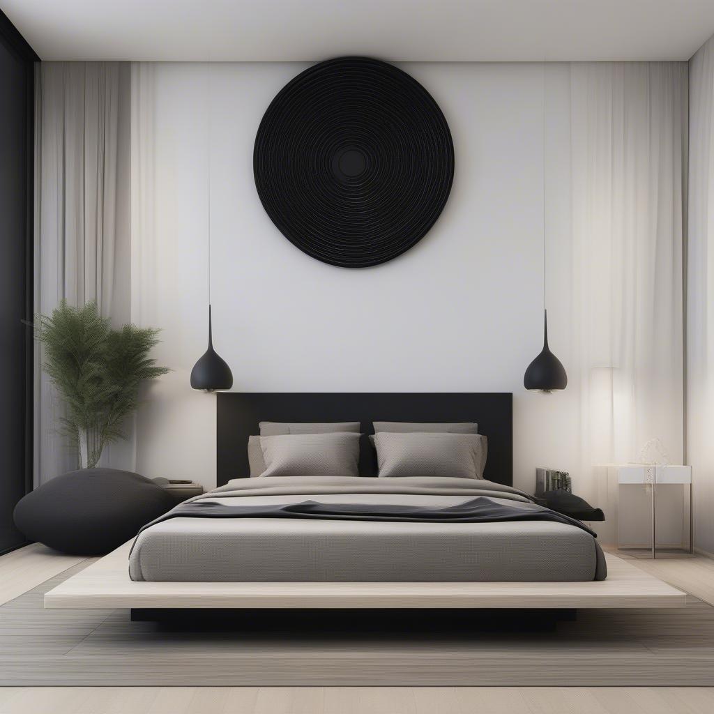 Black wood wall art in a minimalist bedroom