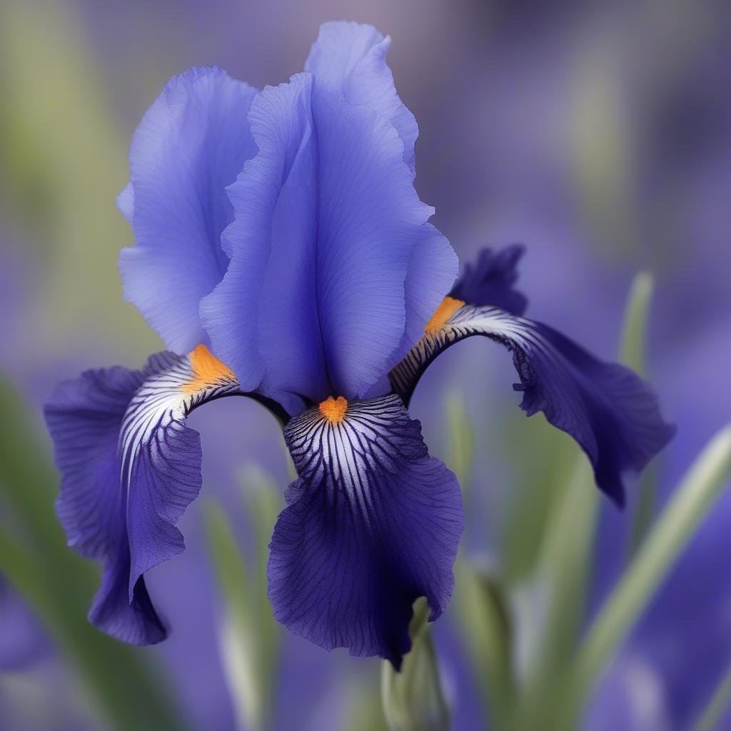 Close-up of a vibrant blue iris showcasing the intricate details of its petals