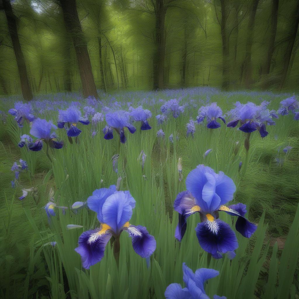 Blue irises blooming in a field, capturing their natural beauty