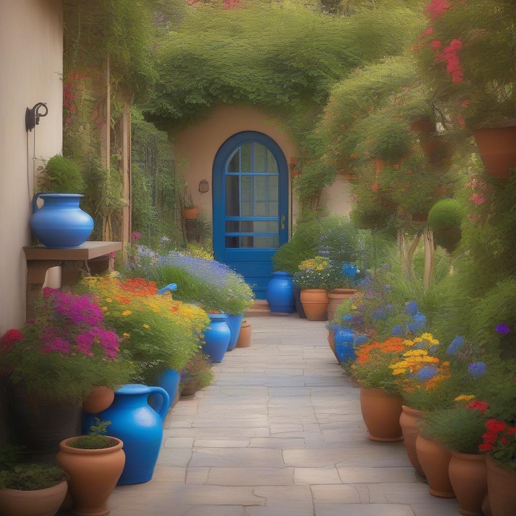 Blue Terracotta Pots Lining a Garden Pathway