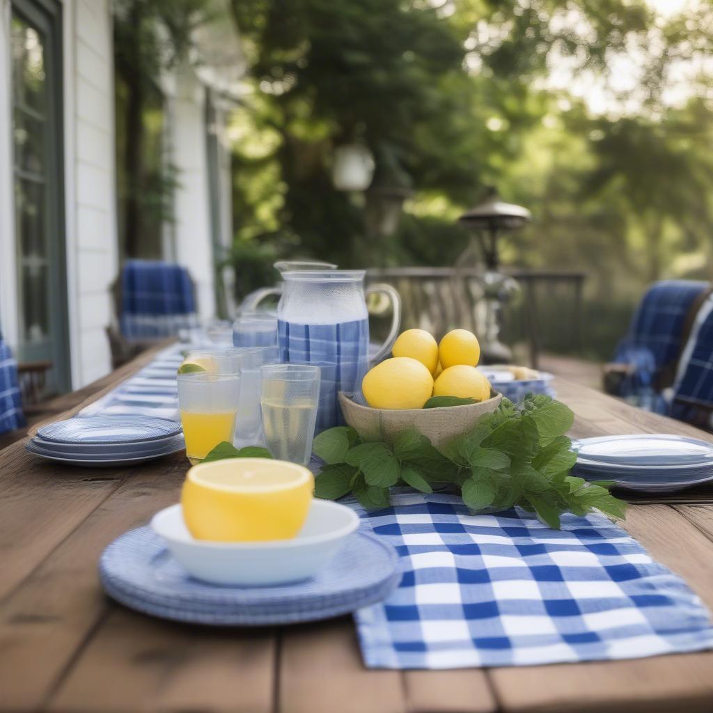 Blue and white checkered table runner on an outdoor patio setting