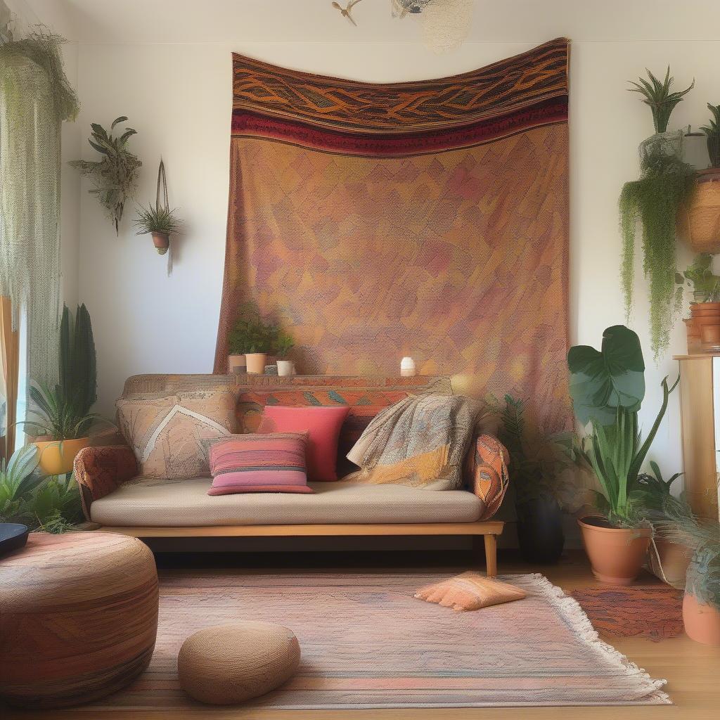 Bohemian tapestry and woven wall hanging in an eclectic lounge room.