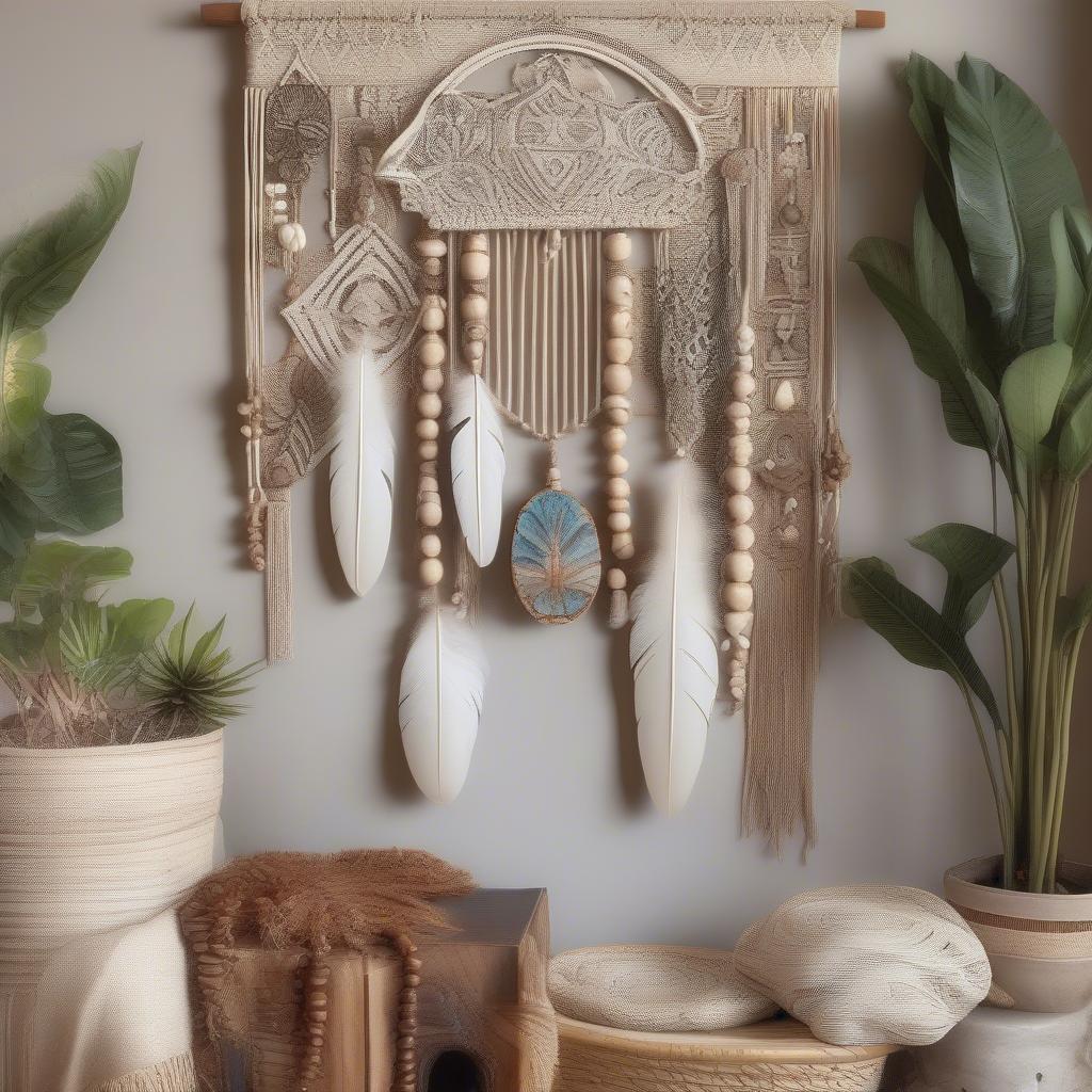 Bohemian Wooden Wall Hanging with Macrame and Feathers