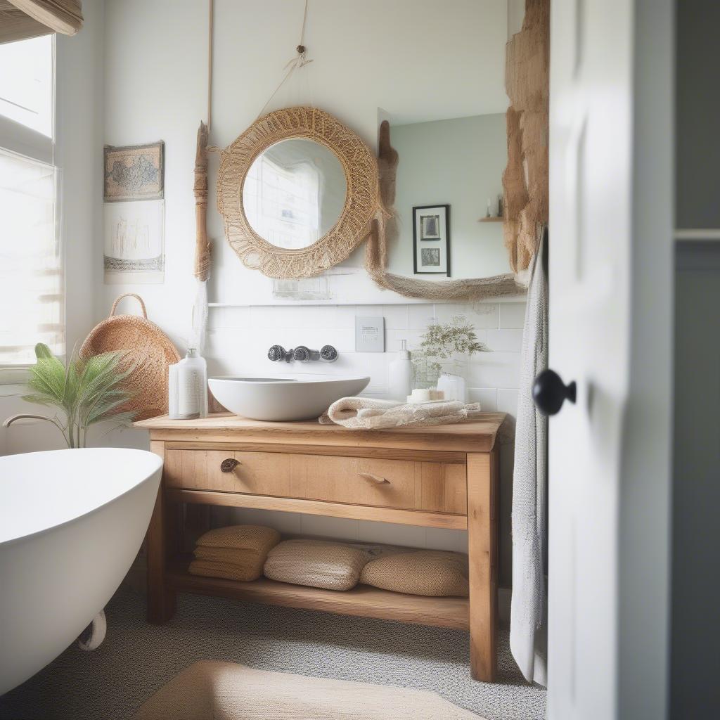 A boho mirror hanging above a sink in a modern bathroom, adding a touch of bohemian style.