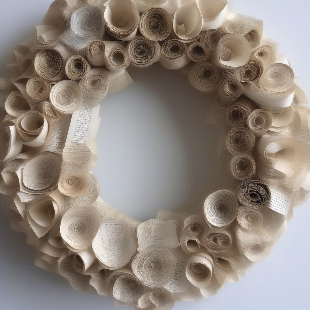 A decorative wreath made from recycled book pages