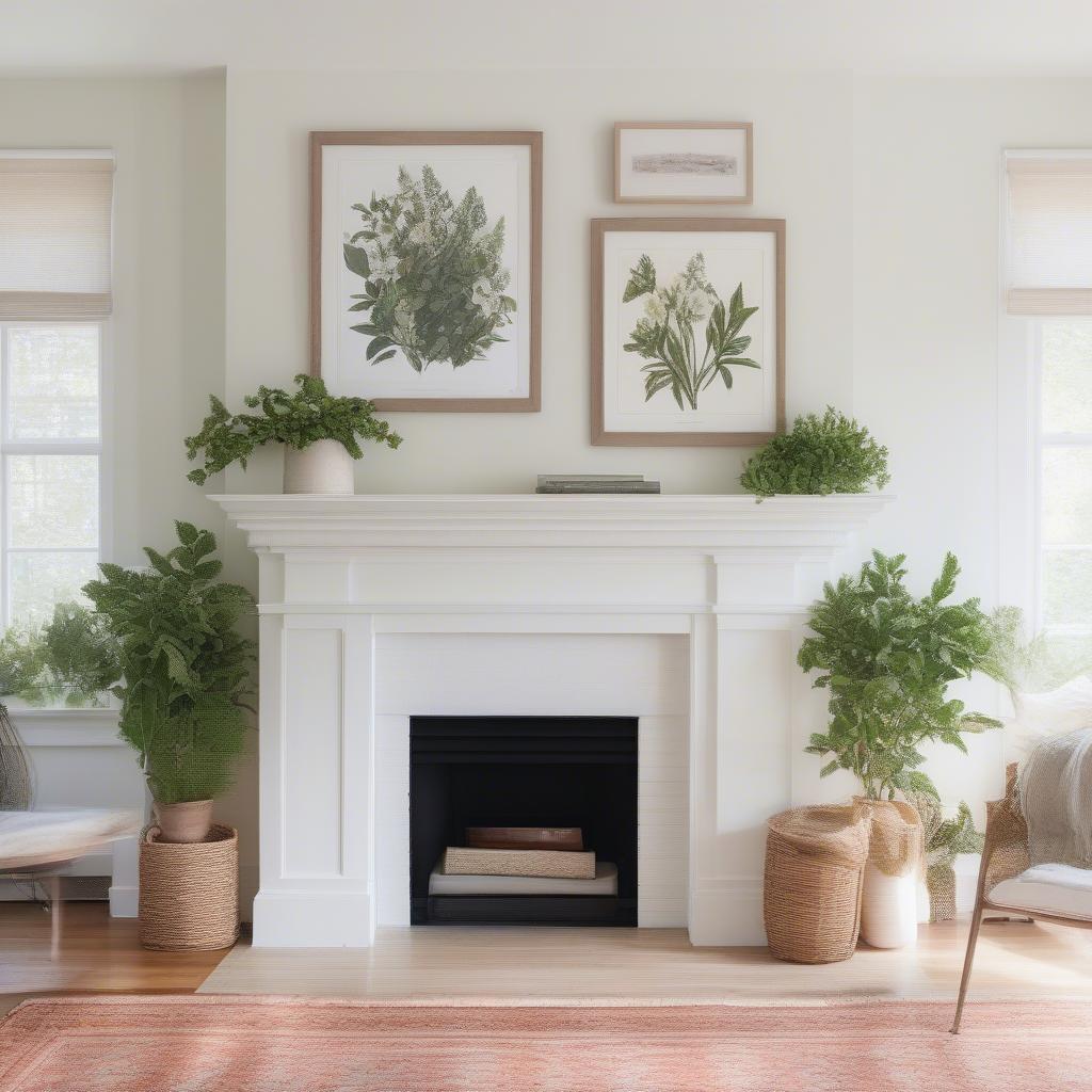 Botanical art prints hung above a fireplace mantel