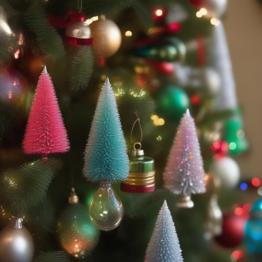 Bottle brush trees used as Christmas ornaments hanging on a tree