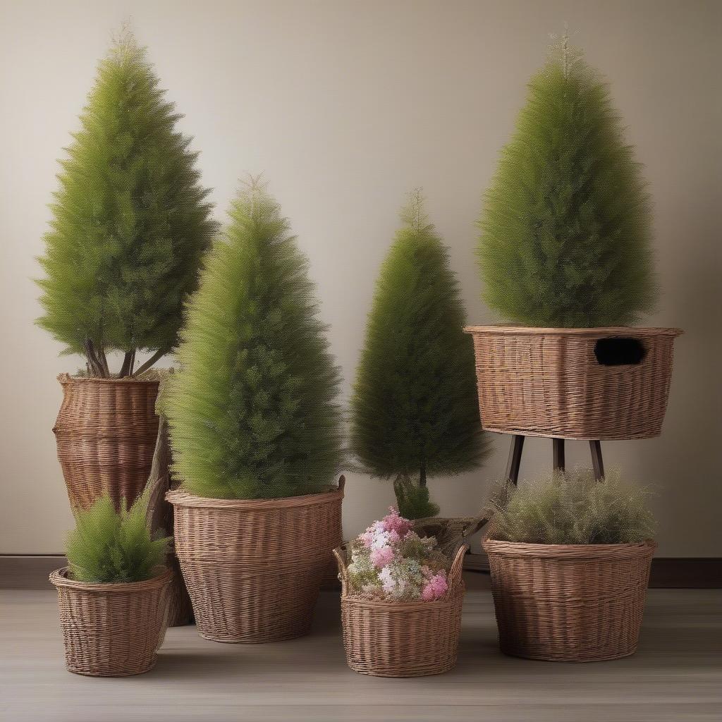 Bottle Brush Trees in Wicker Baskets