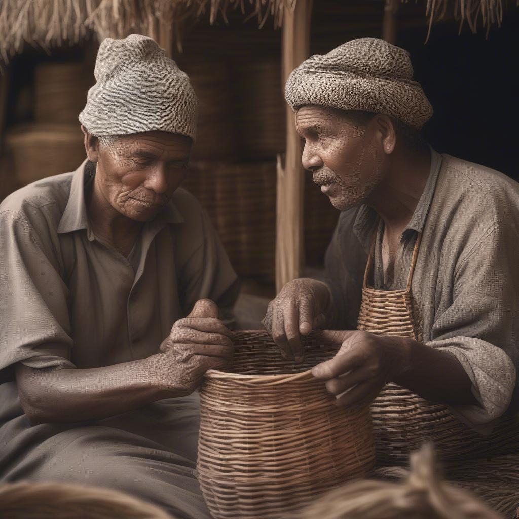 Wicker artisans exchanging knowing glances and hand gestures while working on a complex basket weaving project