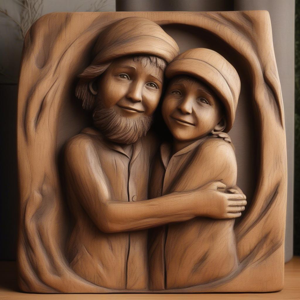 Rustic wood carving depicting two brothers