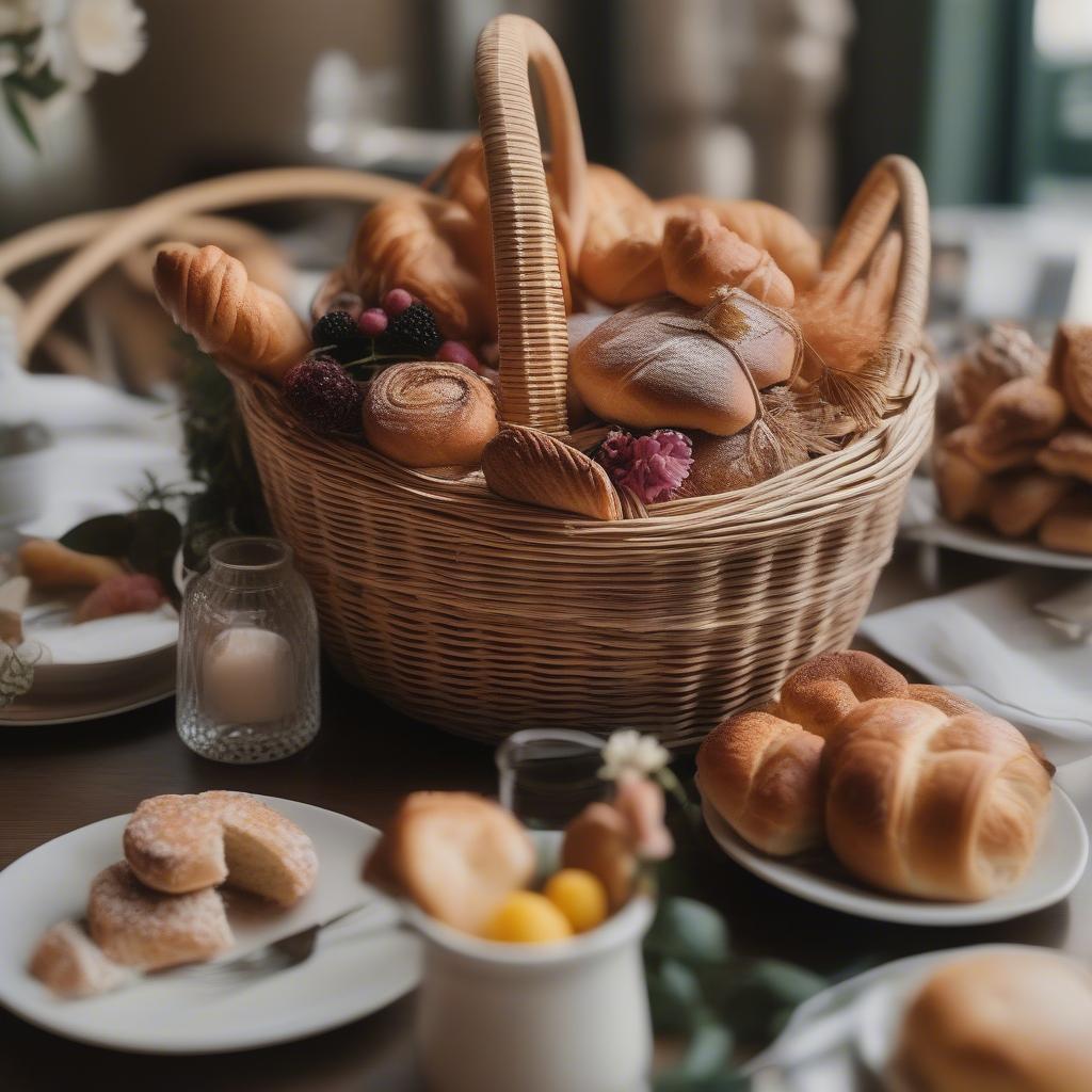 Wicker bread basket at Peony brunch table.