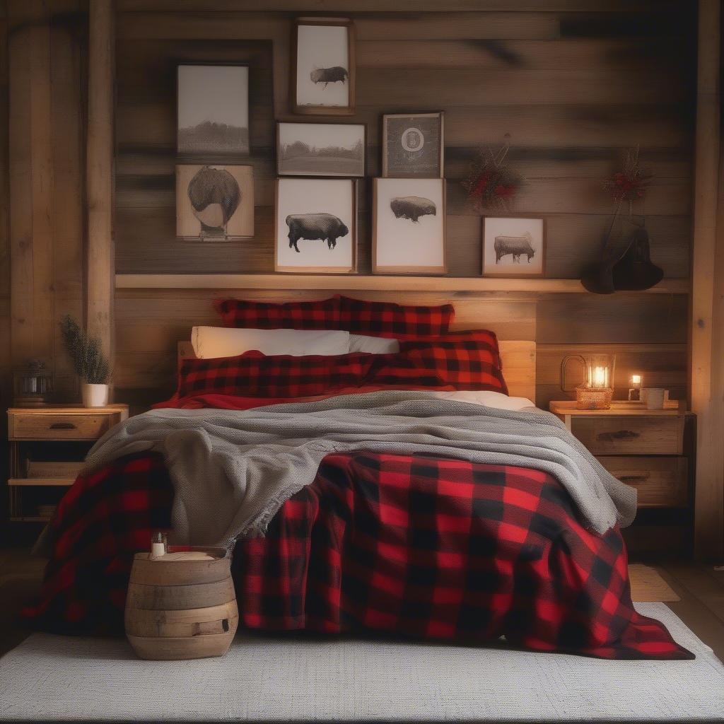 Buffalo plaid blanket used as a bedspread in a rustic bedroom