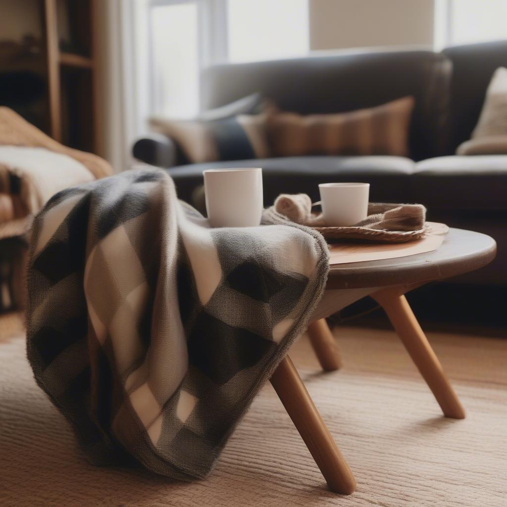 Buffalo plaid blanket draped over a couch in a cozy living room setting