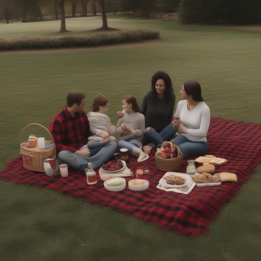 Buffalo plaid blanket used for a picnic in a park