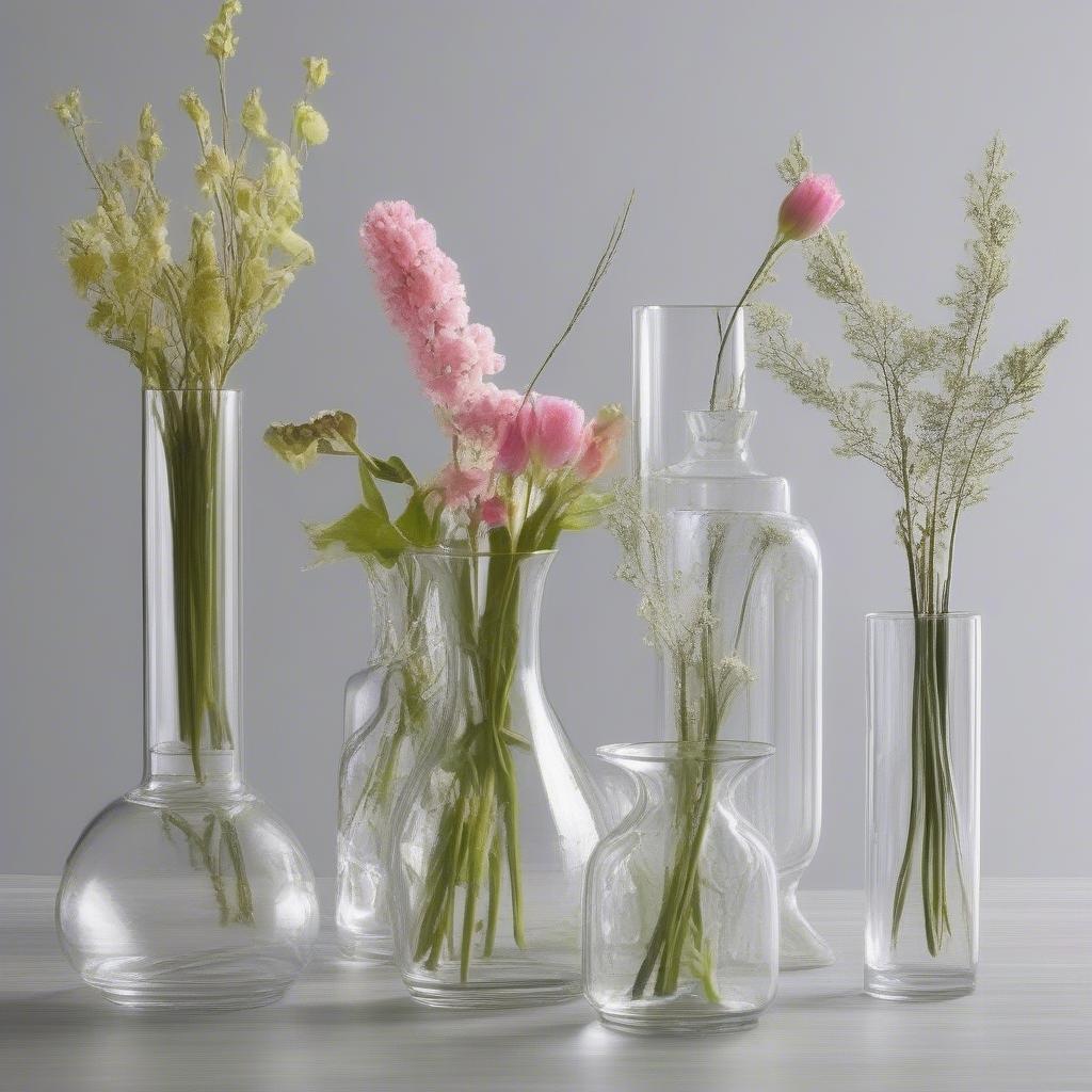 Assorted styles of bulk small flower vases, showcasing various materials, shapes, and sizes.